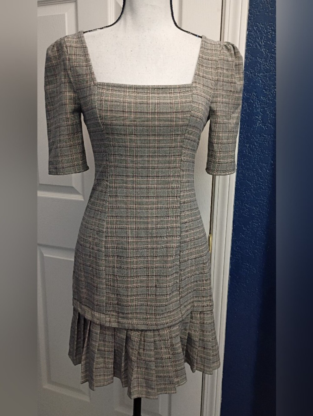 BCBGeneration Plaid Square-Neck Ruffle Hem Dress in Gray-Tan